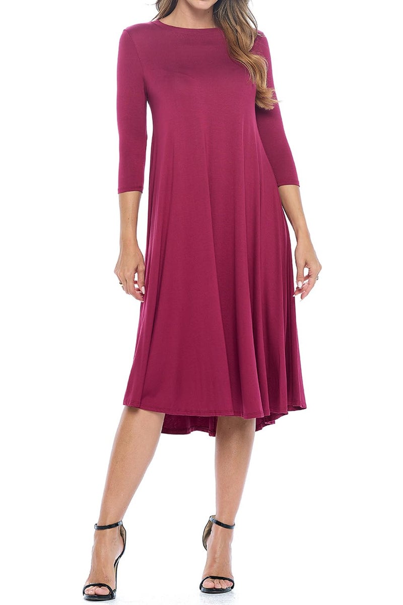 iconic luxe Women's Swing Midi Dress â€“ 3/4 Sleeve Flowy A-Line Tunic â€“ Soft, Stretchy, Comfortable, and Versatile Casual Dress for Everyday Wear Small Burgundy - Image 3